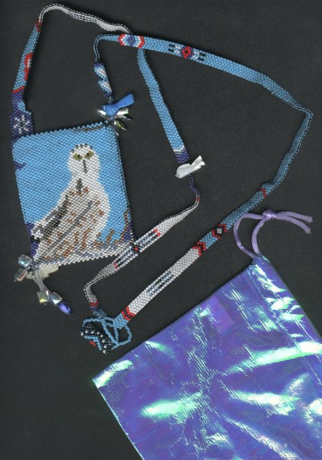 owl amulet bag in peyote stitch by Black Feather